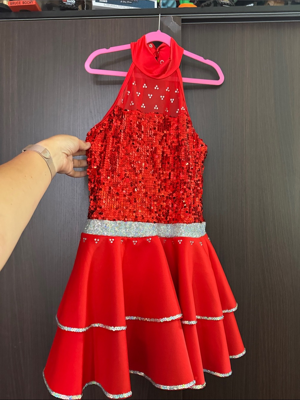Weissman Red Sequin Halter Performance Dress